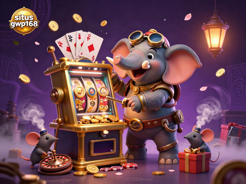 Gambarkan keseruan bermain di situs gwp168 dengan slot machine yang dioperasikan gajah steampunk.