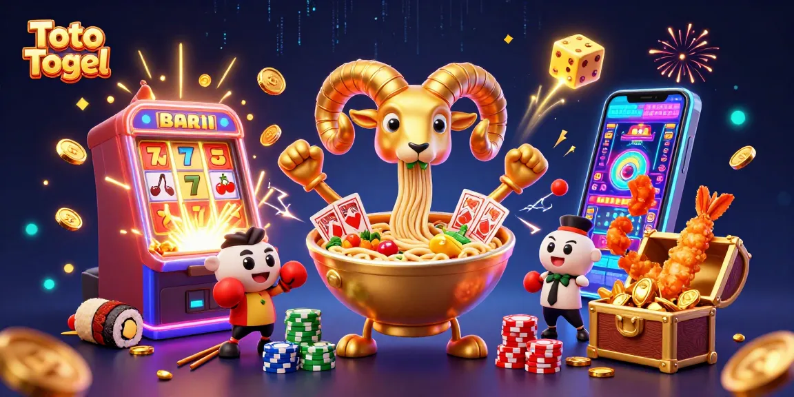Menampilkan Toto Togel dengan karakter ramen raksasa bermain kartu dalam suasana kasino yang spektakuler.