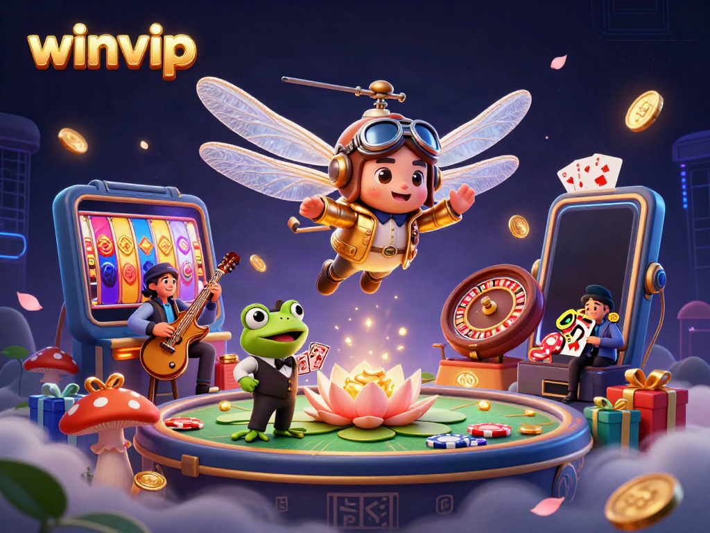 Engage in exciting games at winvip with a vivid 3D illustration of a lively casino scene