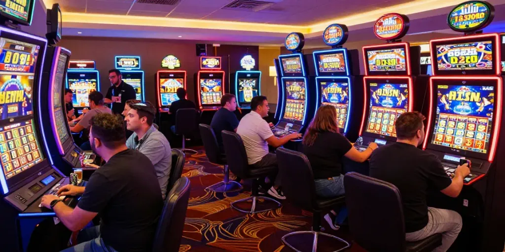 Players enjoying their time at slot maxwin machines in a vibrant casino.