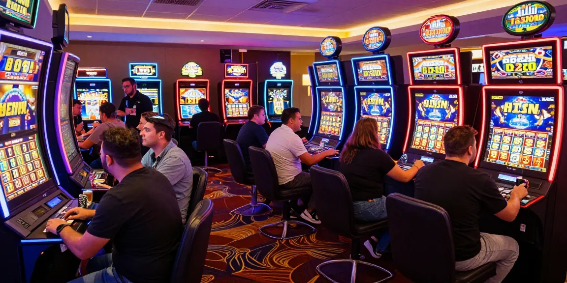 Players enjoying their time at slot maxwin machines in a vibrant casino.