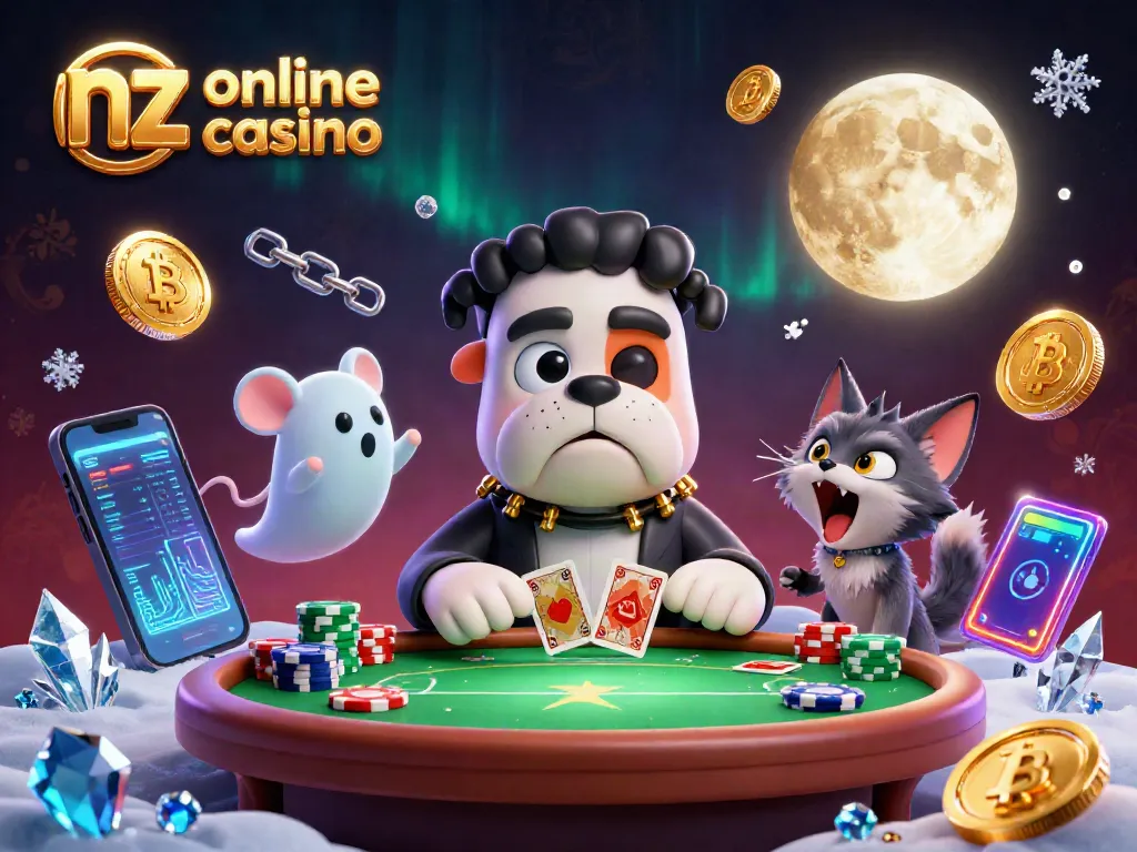 Experience thrilling games at nz online casino with a 3D Frankenstein bulldog dealing cards.