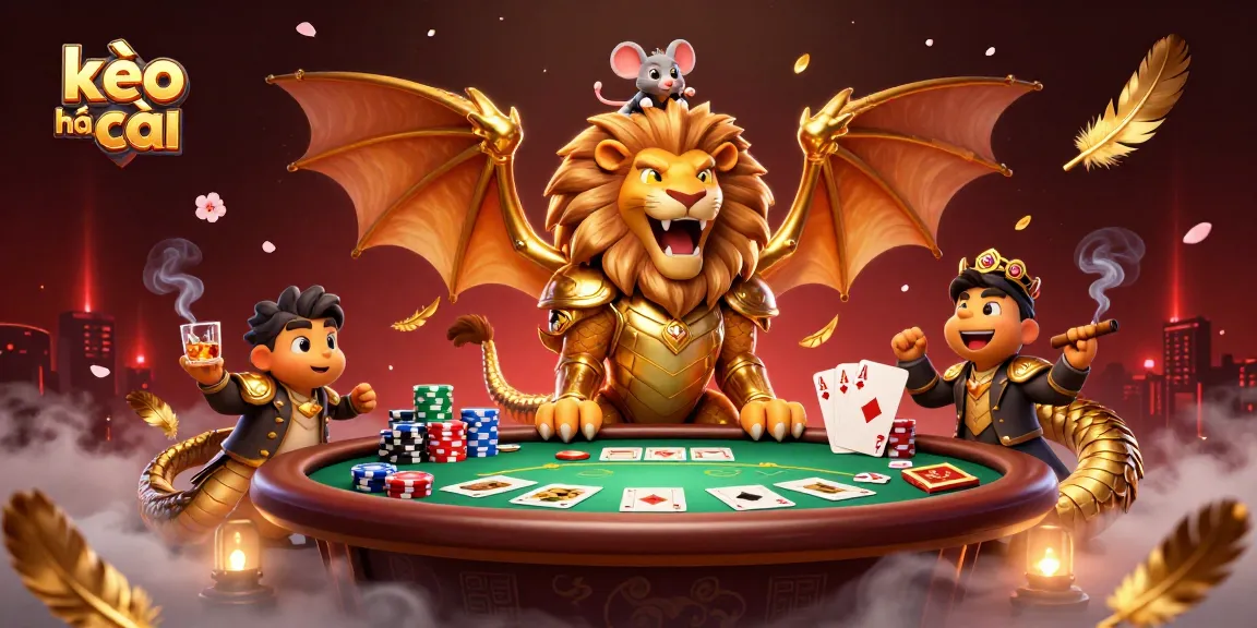 Experience thrilling kèo nhà cái action with stunning visuals of a golden chimera and poker elements.