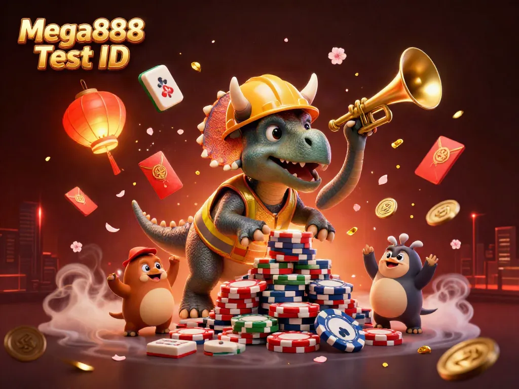 Engage with Mega888 Test ID for an exciting casino gameplay experience in a vibrant 3D scene.