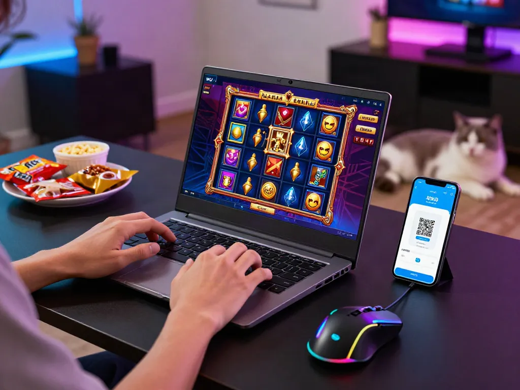 Playing slot online with vibrant graphics and QRIS payment on a laptop