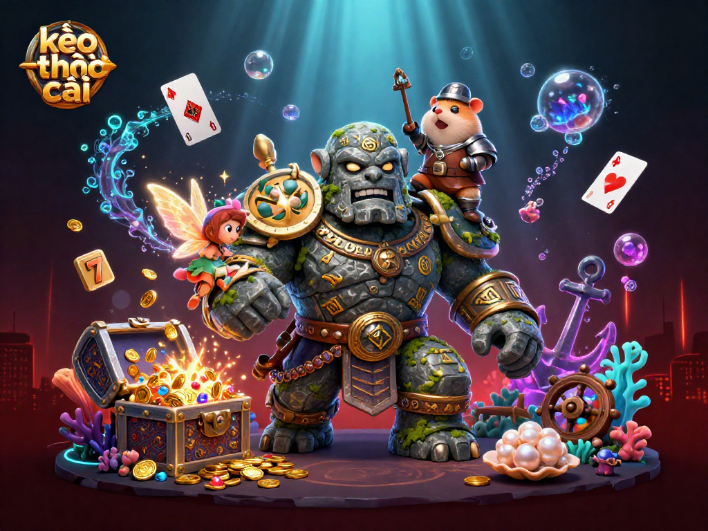 Engage in kèo nhà cái with vibrant characters amid treasures and slot elements