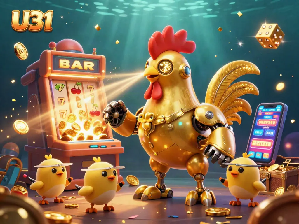 Experience the excitement of U31 with a golden rooster robot and playful chick drones while gaming.
