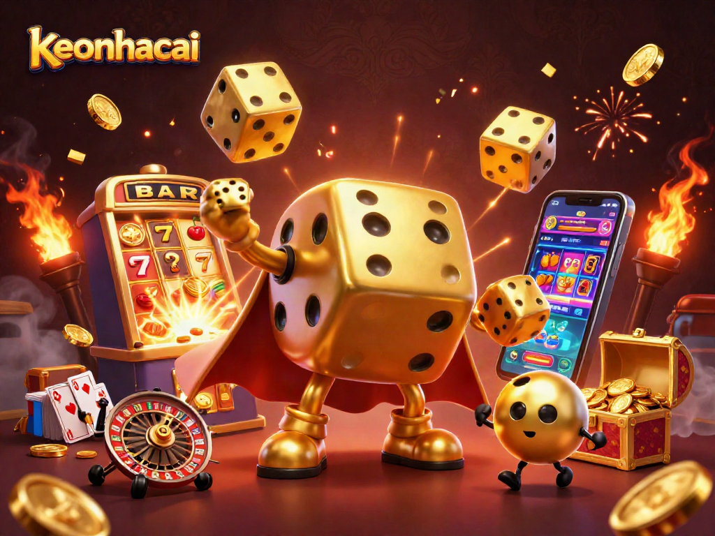 Engage with keonhacai's lively casino scene featuring golden dice and explosive slot machine fun.