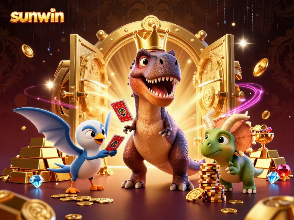 Win big with sunwin in this vibrant, dynamic 3D illustration featuring cartoon dinosaurs gambling.