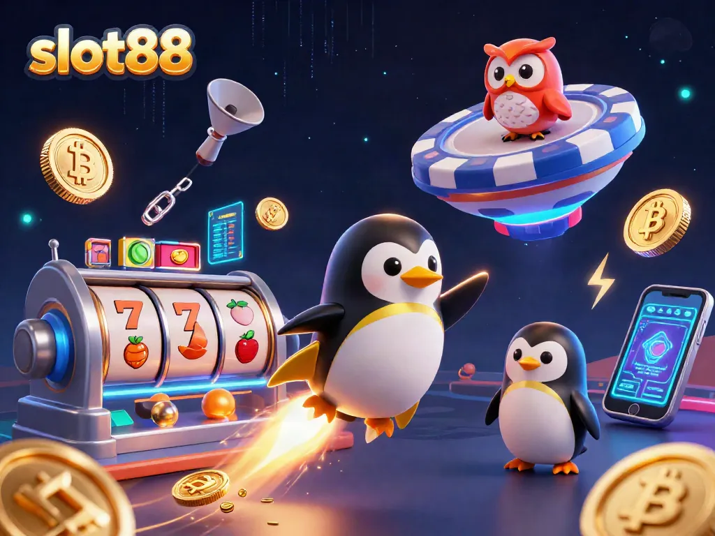 Slot88 menampilkan penguin emas bertenaga roket di luar angkasa dengan simbol jackpot dan koin crypto yang bersinar.