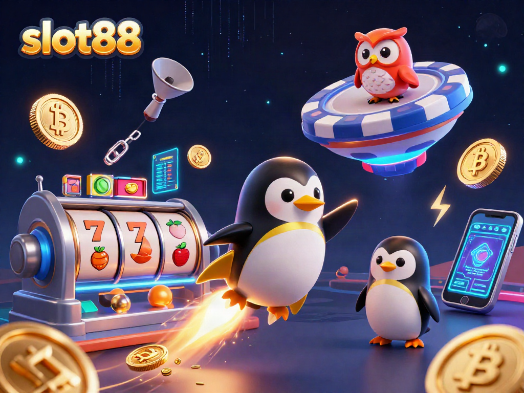 Slot88 menampilkan penguin emas bertenaga roket di luar angkasa dengan simbol jackpot dan koin crypto yang bersinar.