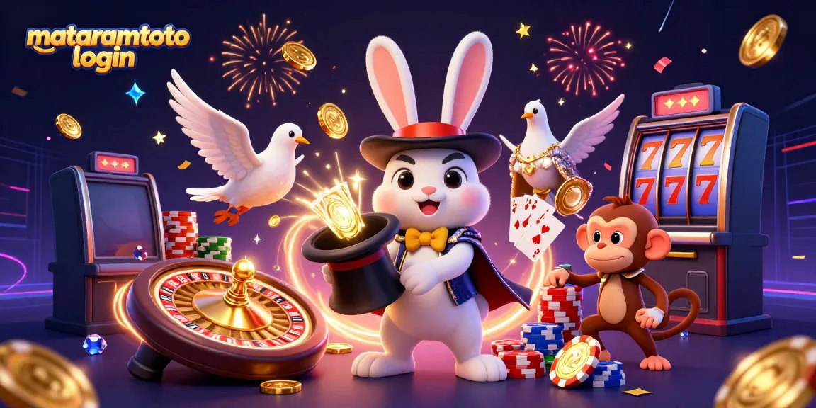 Experience the exciting world of Mataramtoto login with a playful scene of a magician rabbit and characters in a vibrant casino setting.