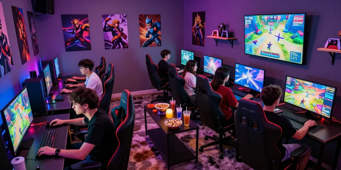 Friends enjoying gaming together in a vibrant hit club environment.