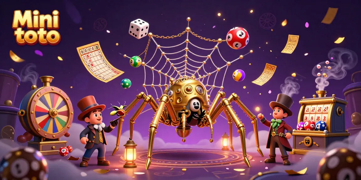 Permainan slot Mini toto dengan laba-laba emas dan elemen lotere berwarna-warni.