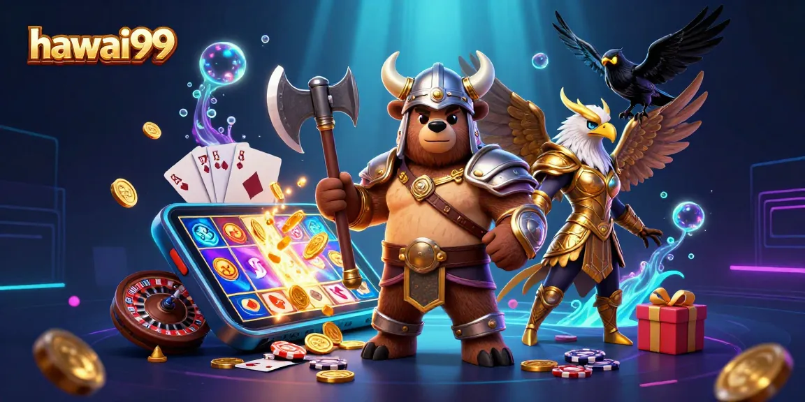 Explore hawai99's vibrant casino adventure with a Viking bear and Valkyrie eagle in this dynamic illustration.