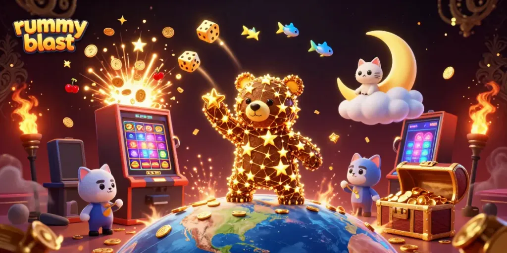 Engage with rummy blast in a vibrant 3D casino world filled with golden elements and exciting games.