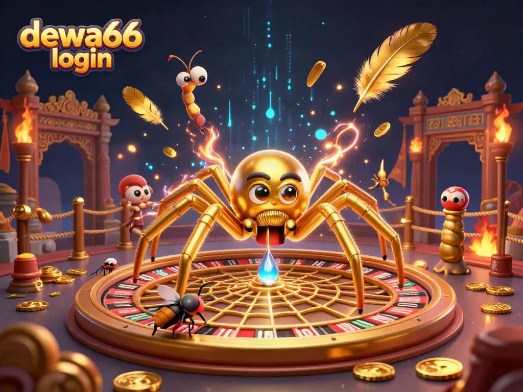 Engage with the dewa66 login action, as a fly bets at the roulette wheel in a colorful surreal casino scene.