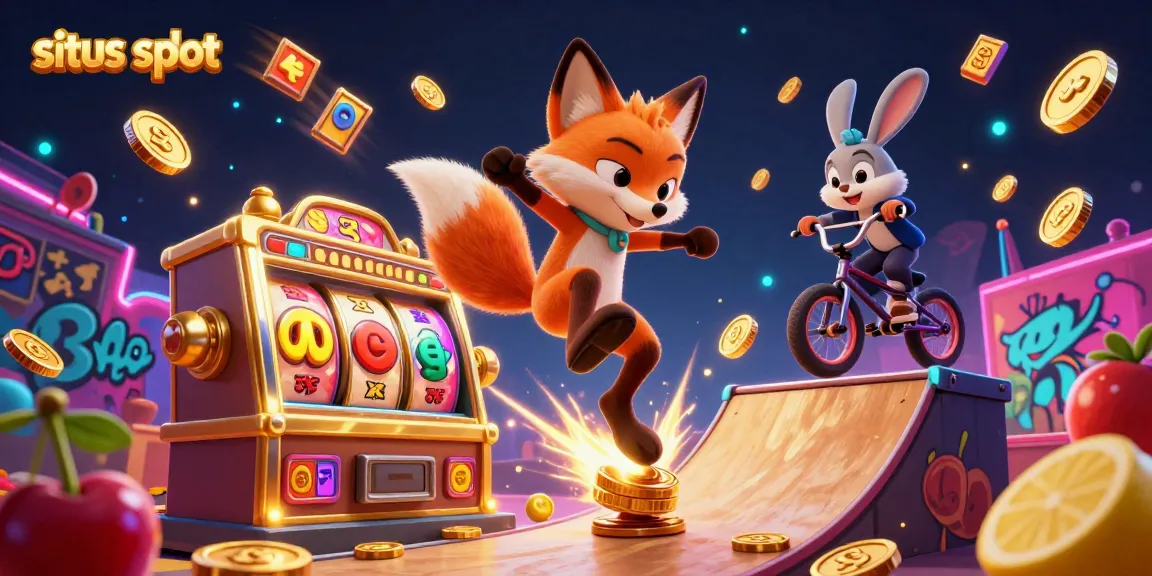 Slot mesin bergambar simbol kasino dan karakter kartun beraksi pada 'situs slot'.