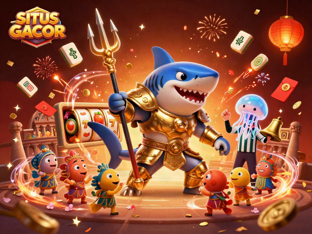 SITUS GACOR showcases a lively underwater colosseum scene featuring a heroic shark in gladiator armor, slot reels, and festive elements.