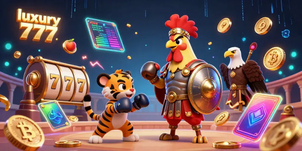 Experience the thrill of luxury 777 with interactive slots and 3D characters in this vibrant casino scene.