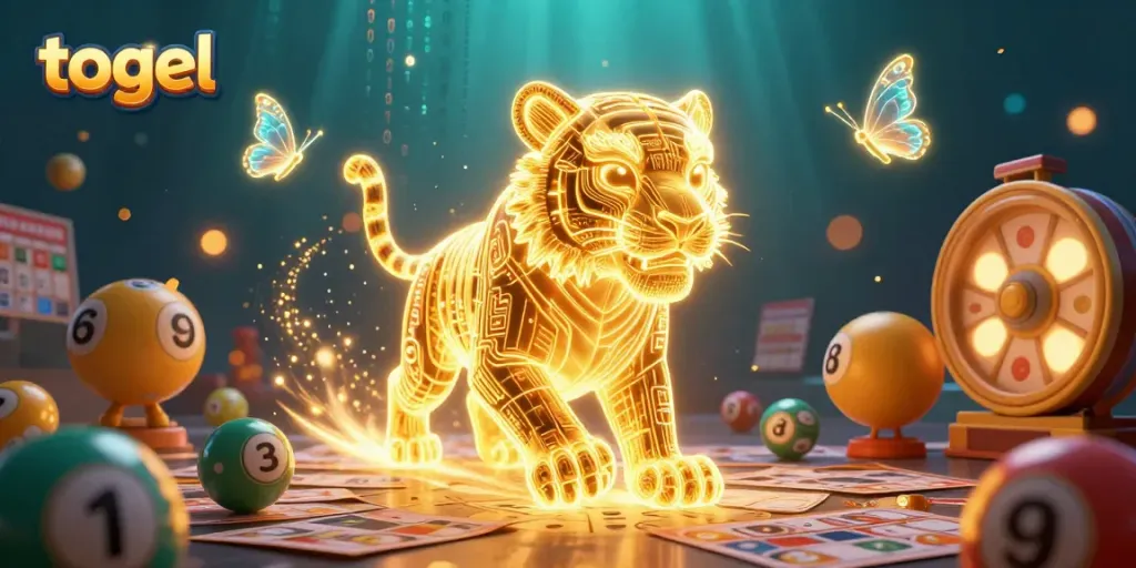 Experience the thrill of togel in this vibrant 3D illustration featuring a glowing golden tiger among lottery elements.