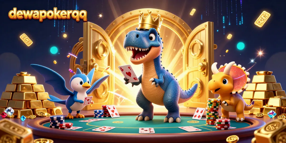Dewapokerqq showcases a T-Rex and friends enjoying poker in a vibrant casino scene.
