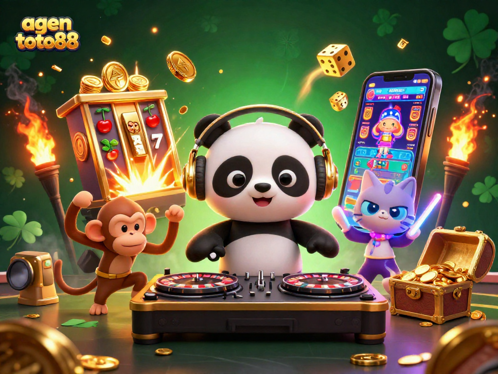 Spin to win at agen toto88 with a vibrant DJ panda, dancing animals, and exploding jackpot excitement!