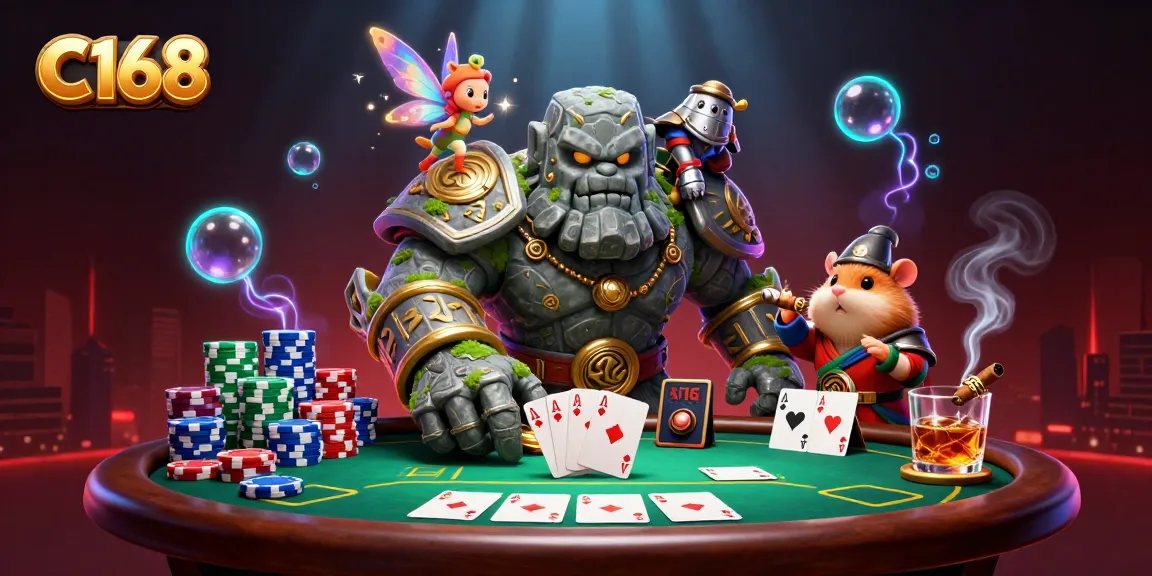 C168 invites players to experience dynamic online gambling with lively illustrations of a golem guardian and poker elements.