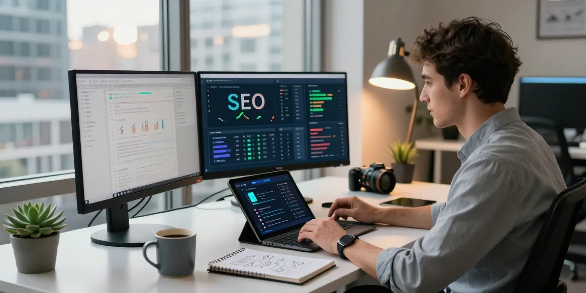 Analyst using AI SEO tools in a modern tech workspace with analytics dashboards.