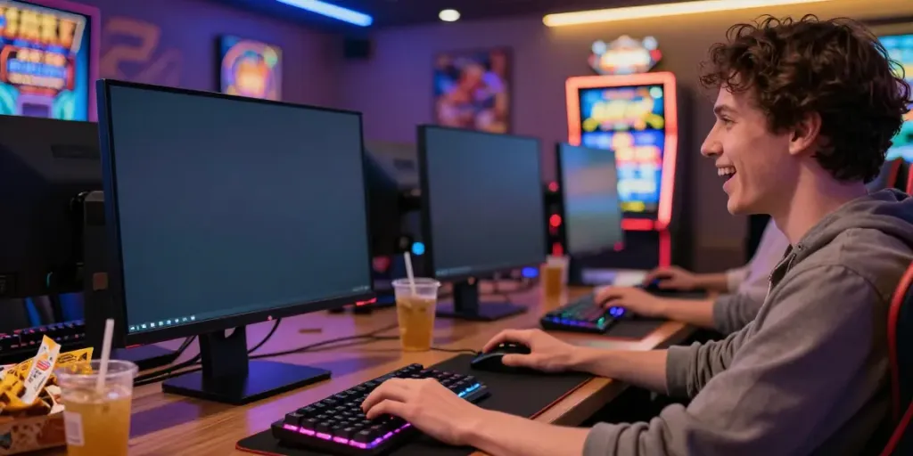 Excited gamer engaged on a slot game with vibrant graphics.