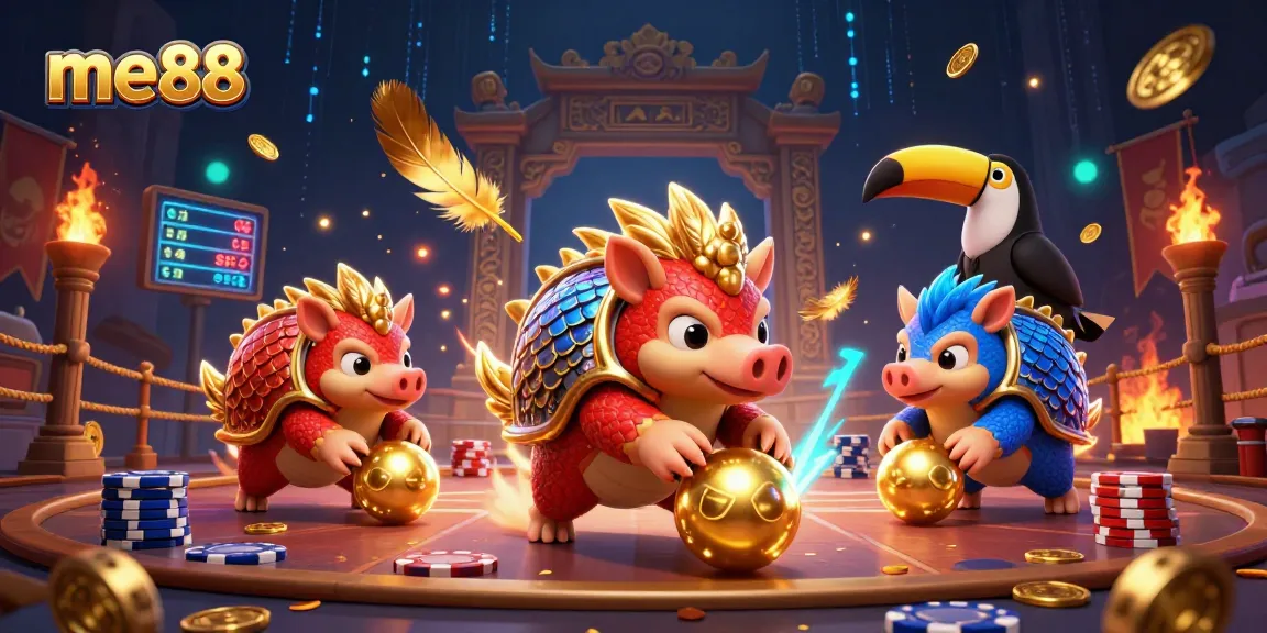 Bet on me88 with epic rival pangolins in a vibrant 3D casino showdown surrounded by chips.
