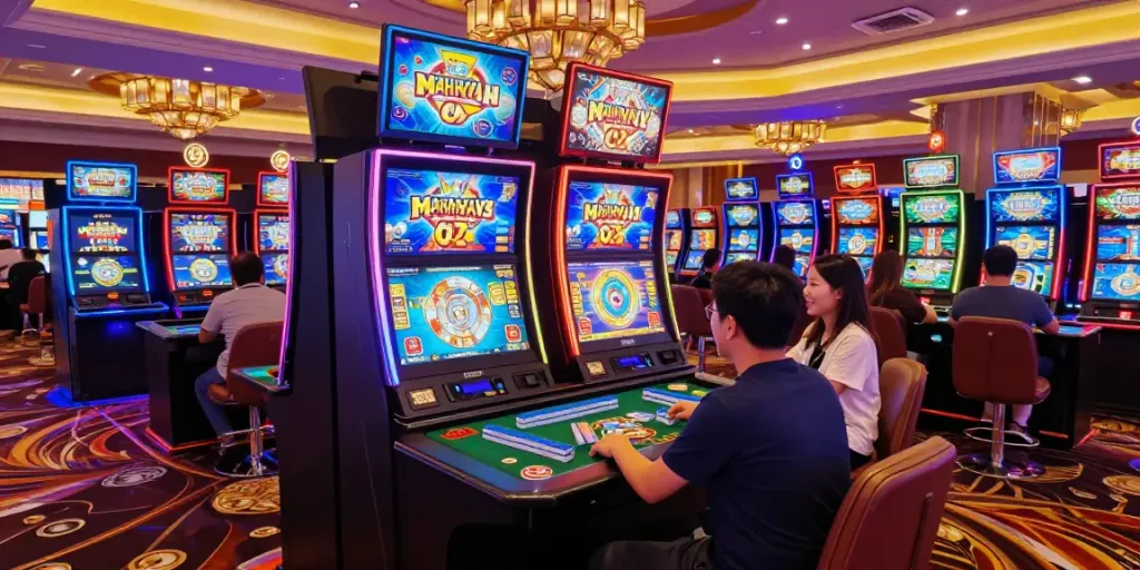 Mesin slot Mahjong Ways 2 dipenuhi pemain di kasino modern, menunjukkan suasana meriah dan penuh warna.