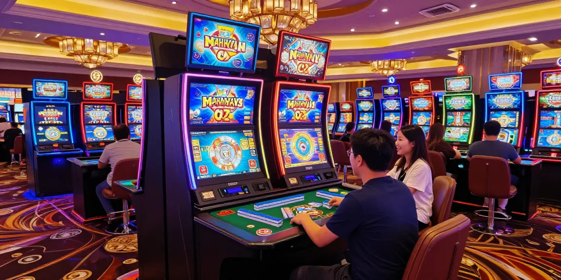 Mesin slot Mahjong Ways 2 dipenuhi pemain di kasino modern, menunjukkan suasana meriah dan penuh warna.