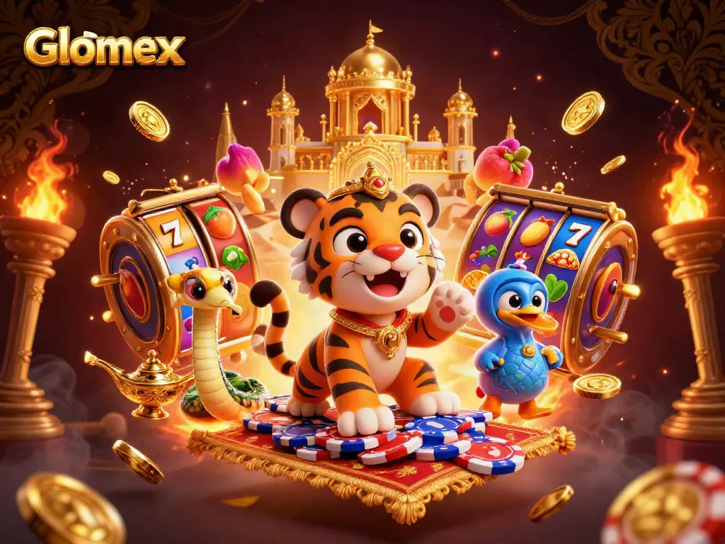 Glomex showcases dynamic slot reels and gold coins, perfect for vibrant gaming excitement.