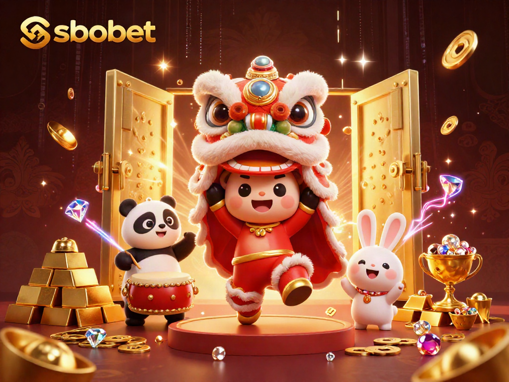 Experience sbobet excitement with a vibrant rendition of a lion dance celebration, embellished with treasures.