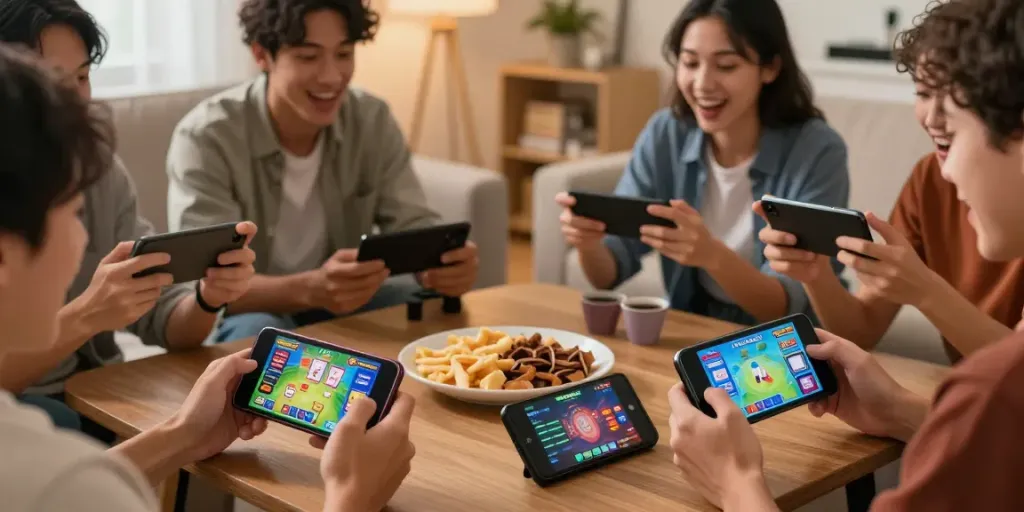 Friends enjoying yono games on mobile devices in a cozy living room.