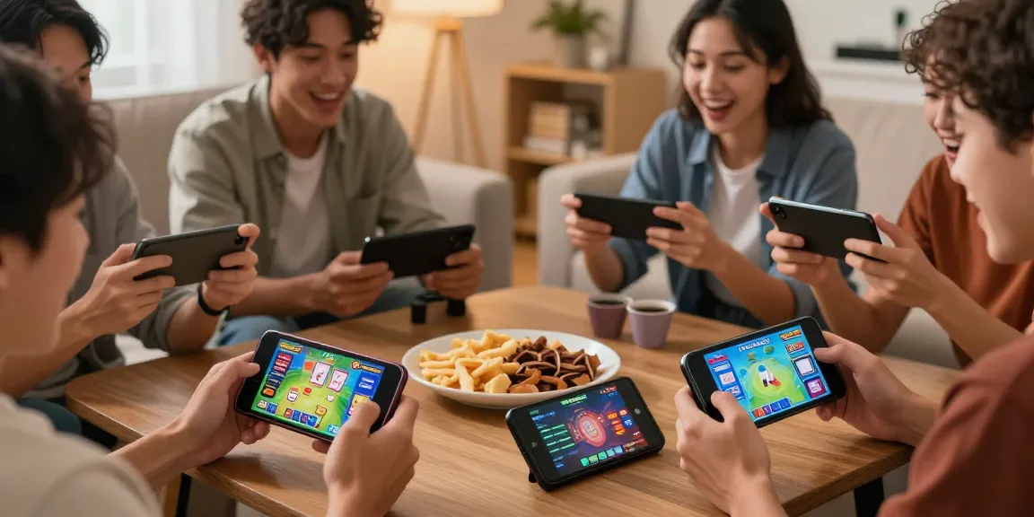 Friends enjoying yono games on mobile devices in a cozy living room.