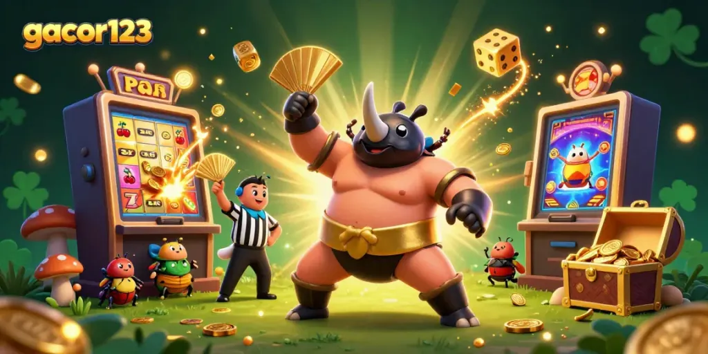 Engage with gacor123 and win as a cartoon rhinoceros beetle champion stomps coins in vibrant casino ambiance.