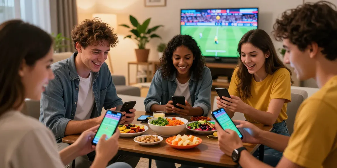 Friends excitedly engaging with Playinexch betting on smartphones in a cozy living room.