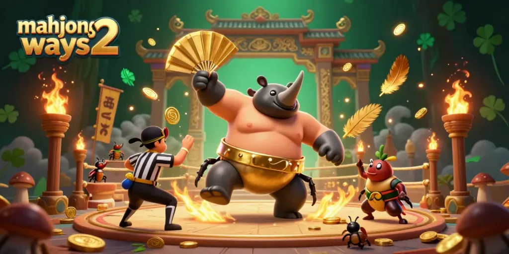 Experience the excitement of mahjong ways 2 with a dynamic scene featuring a rhinoceros beetle champion amidst flying golden coins and vibrant casino elements.
