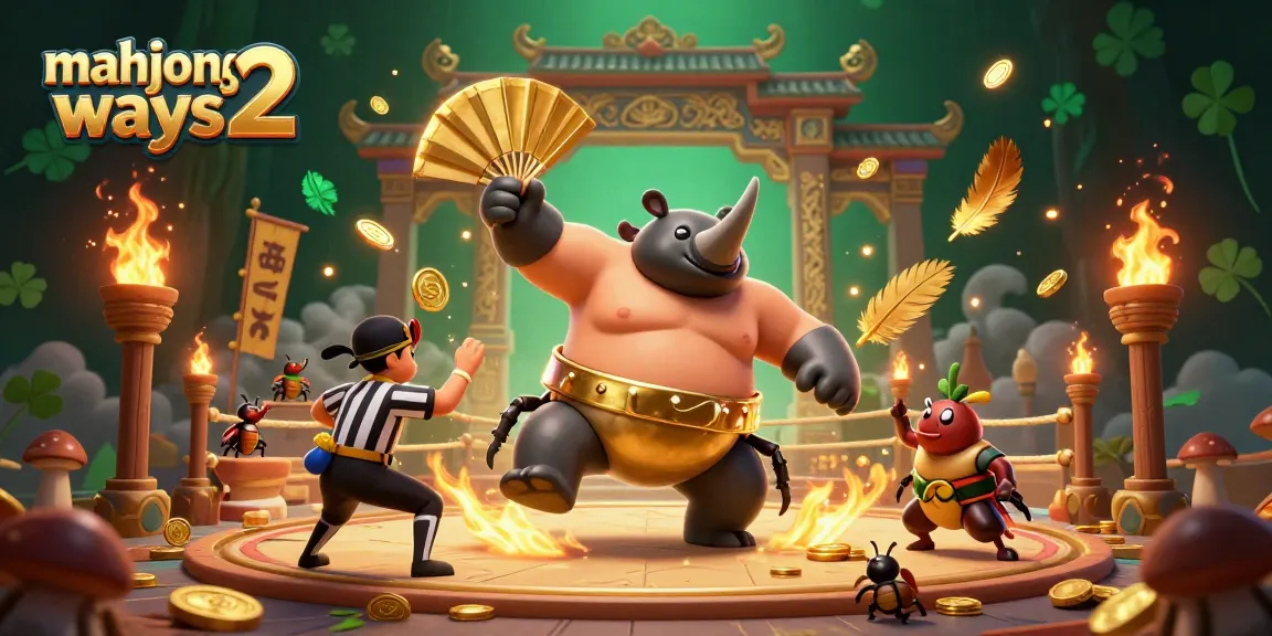 Experience the excitement of mahjong ways 2 with a dynamic scene featuring a rhinoceros beetle champion amidst flying golden coins and vibrant casino elements.