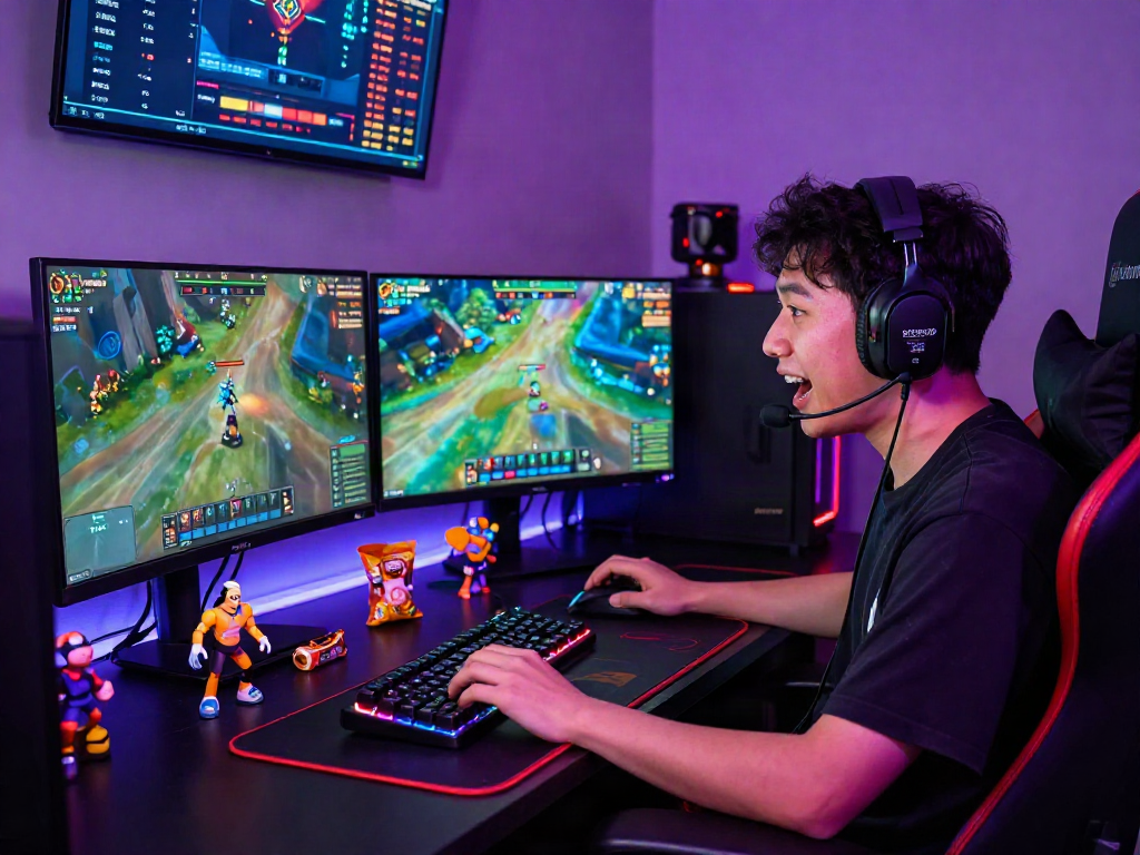 Engaged gamer experiencing kebuntoto in a vibrant online gaming setup with dual monitors and colorful decor.