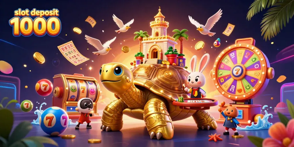 Experience the excitement of slot deposit 1000 with a vibrant, animated casino scene filled with lucky symbols.