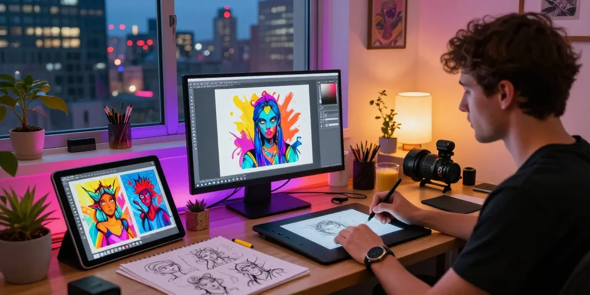 NSFW AI art creation studio featuring a digital artist designing custom characters.