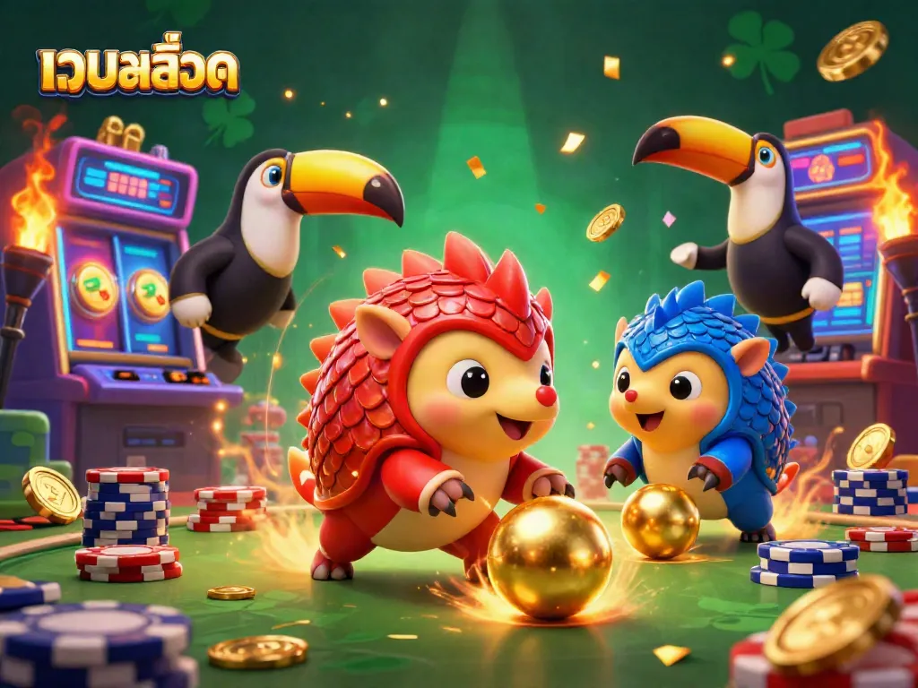 Watch the rival pangolins in red and blue tackle the challenge of เว็บสล็อต, rolling through poker chips and slot machines.