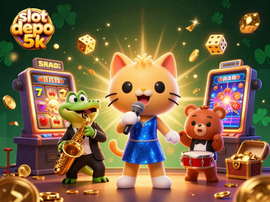 Experience the thrill of slot depo 5k with a vibrant cartoon scene of jackpot action.