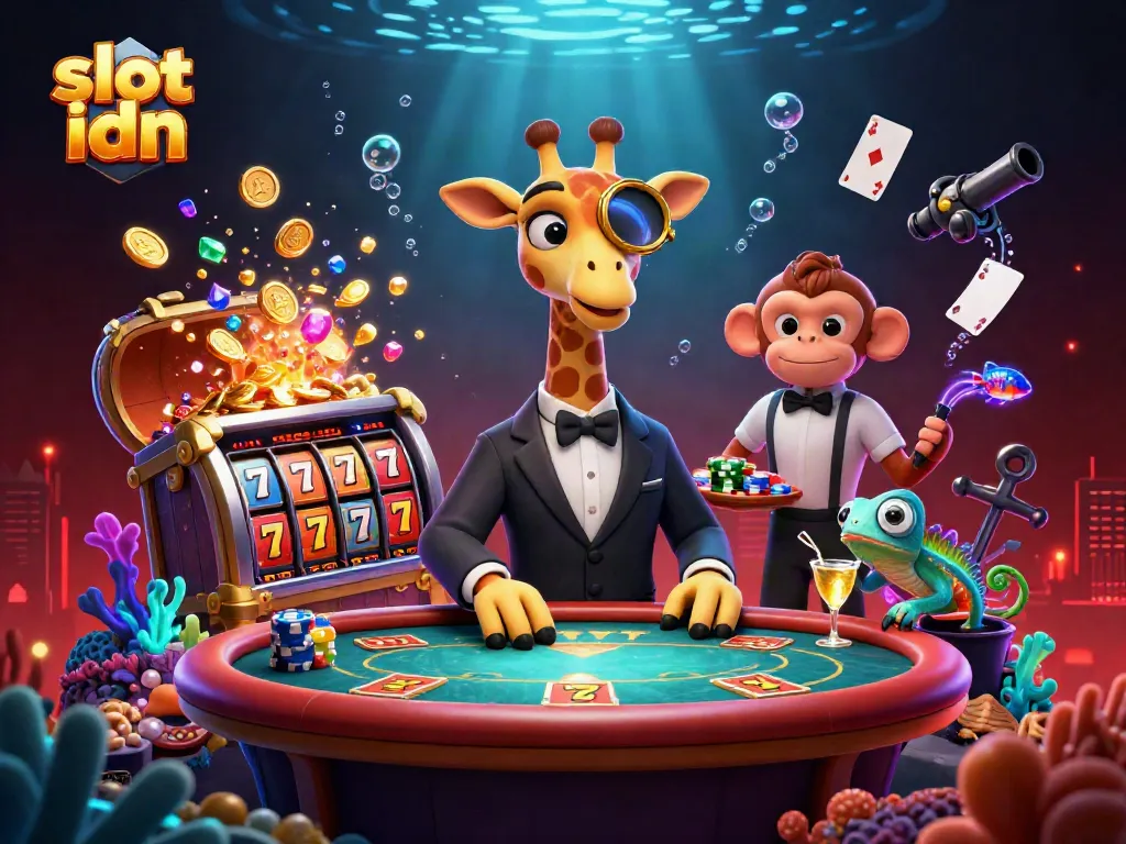 Spin the slot idn reels with a vibrant giraffe and monkey companions in a lively casino scene.