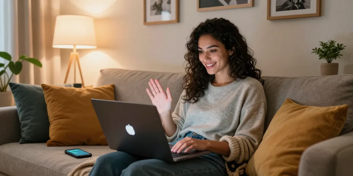 Young woman chatting with her NSFW AI girlfriend on a laptop in a cozy home.