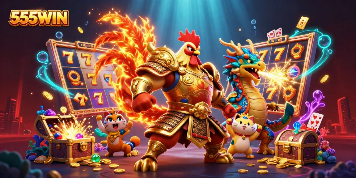Experience thrilling gameplay with 555WIN featuring lively characters and vibrant slot machines.