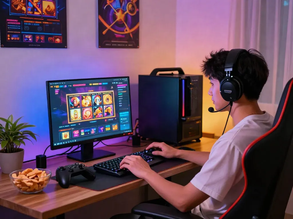 Engaging home gaming setup for ทดลองสล็อต enthusiasts featuring a laptop, snacks, and vibrant LED lights.